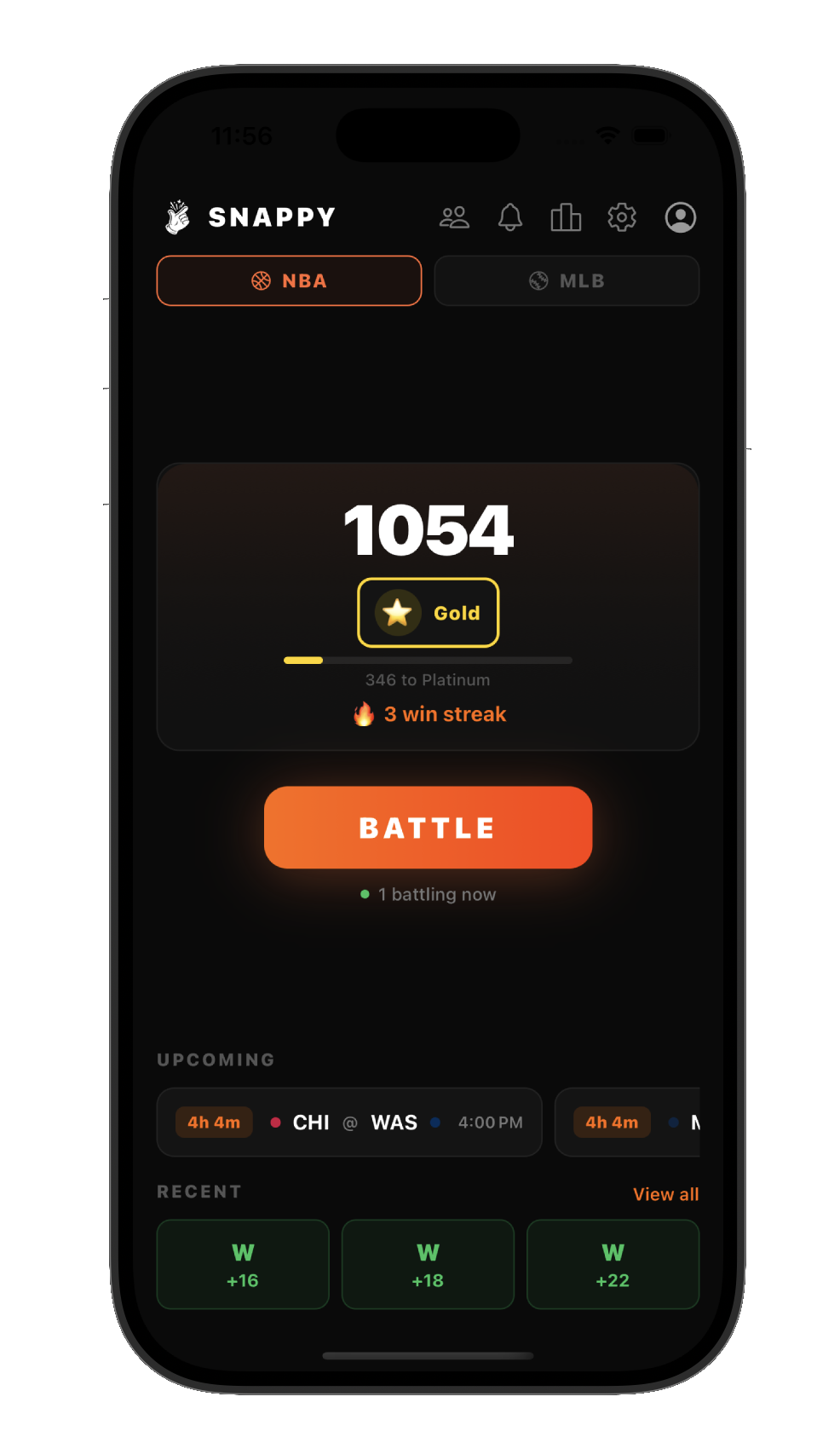 Snappy home screen showing the Battle button and ELO rating