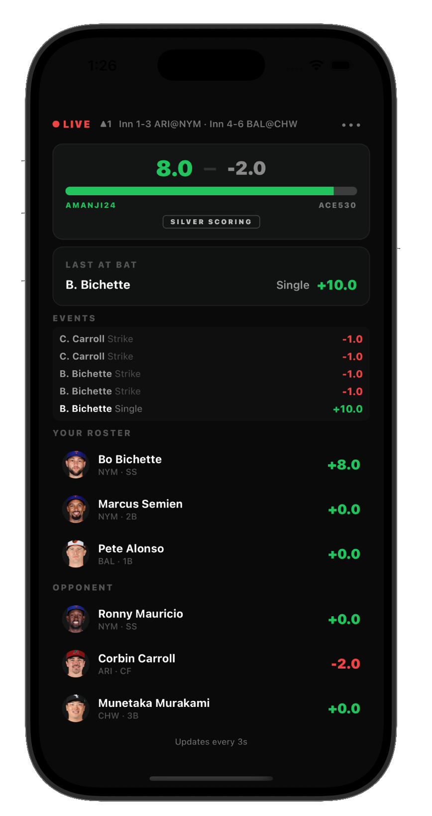Snappy live match with real-time scoring and play-by-play